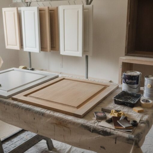 Cabinet doors being painted on a worktable in a workshop, with paint cans, brushes, and tools nearby. A person wears gloves and applies a finish to a white frame while natural light comes from a window.