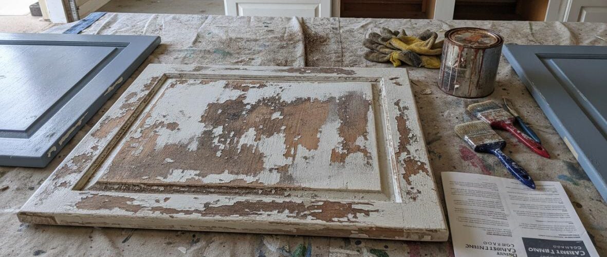 A weathered cabinet door panel resting on a paint-splattered worktable with brushes, gloves, and a paint can nearby, in a workshop setting.
