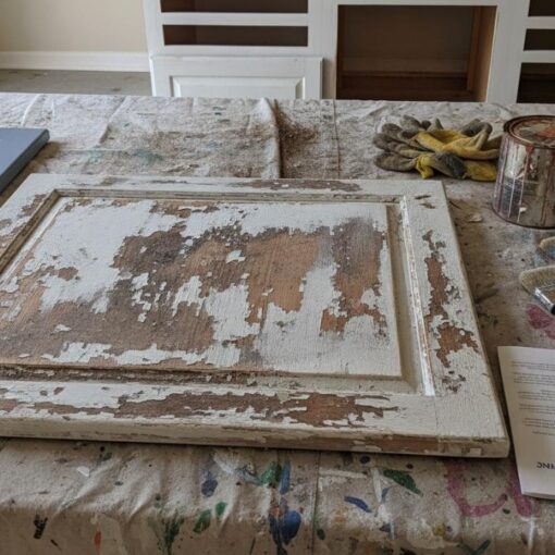 A weathered cabinet door panel resting on a paint-splattered worktable with brushes, gloves, and a paint can nearby, in a workshop setting.