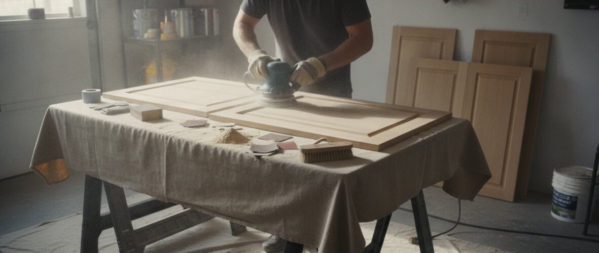 Man sanding a large wooden cabinet door on a worktable in a woodworking shop