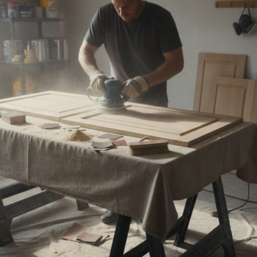 Man sanding a large wooden cabinet door on a worktable in a woodworking shop