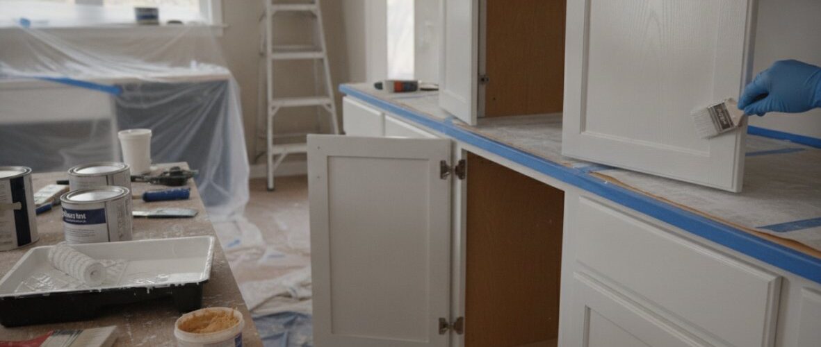Kitchen renovation scene with white cabinets, painter's gloved hand applying paint to a cabinet door, and paint cans on a worktable.