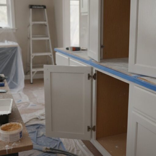 Kitchen renovation scene with white cabinets, painter's gloved hand applying paint to a cabinet door, and paint cans on a worktable.