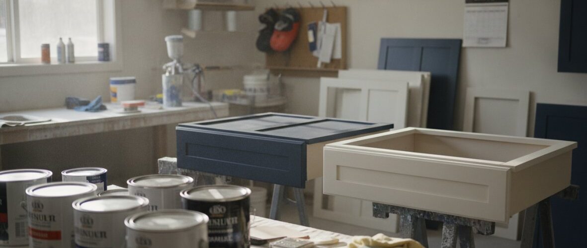 Workshop scene with blue and cream cabinet frames on sawhorses, paint cans and tools on the table in the foreground.