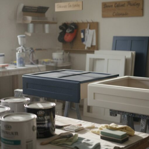 Workshop scene with blue and cream cabinet frames on sawhorses, paint cans and tools on the table in the foreground.
