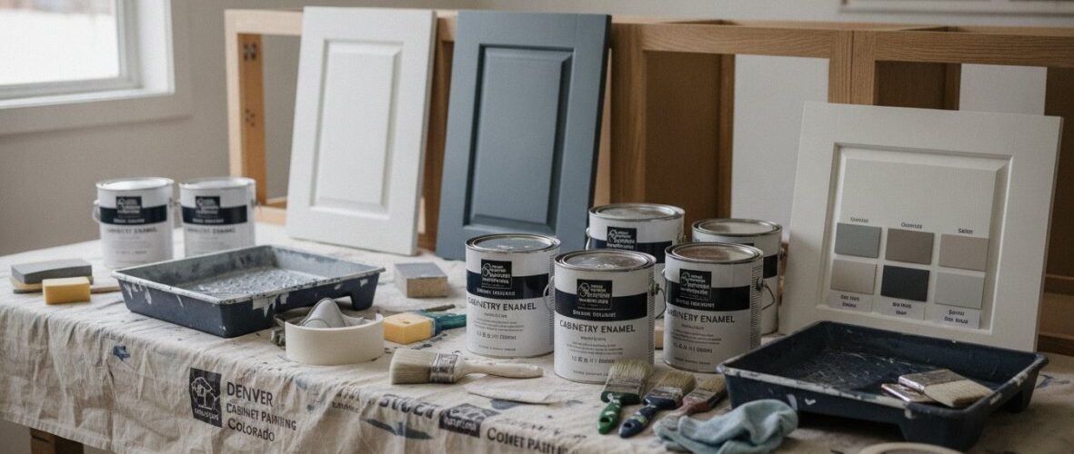Painting workstation with sample cabinet doors, paint cans, brushes, and trays on a covered table in a bright room.