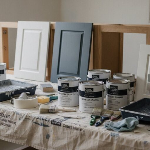 Painting workstation with sample cabinet doors, paint cans, brushes, and trays on a covered table in a bright room.