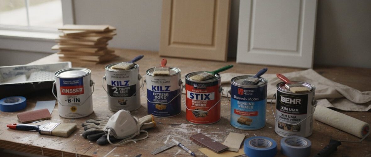 Paint supplies on a workbench: six metal paint cans, brushes, sanding blocks, masking tape, a respirator, and two wooden frames in the background.
