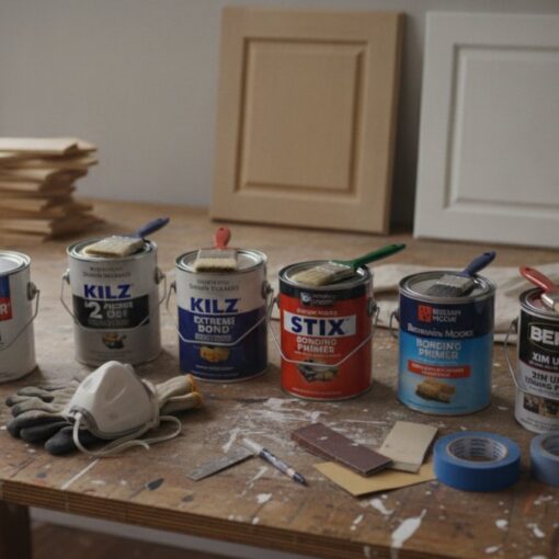 Paint supplies on a workbench: six metal paint cans, brushes, sanding blocks, masking tape, a respirator, and two wooden frames in the background.