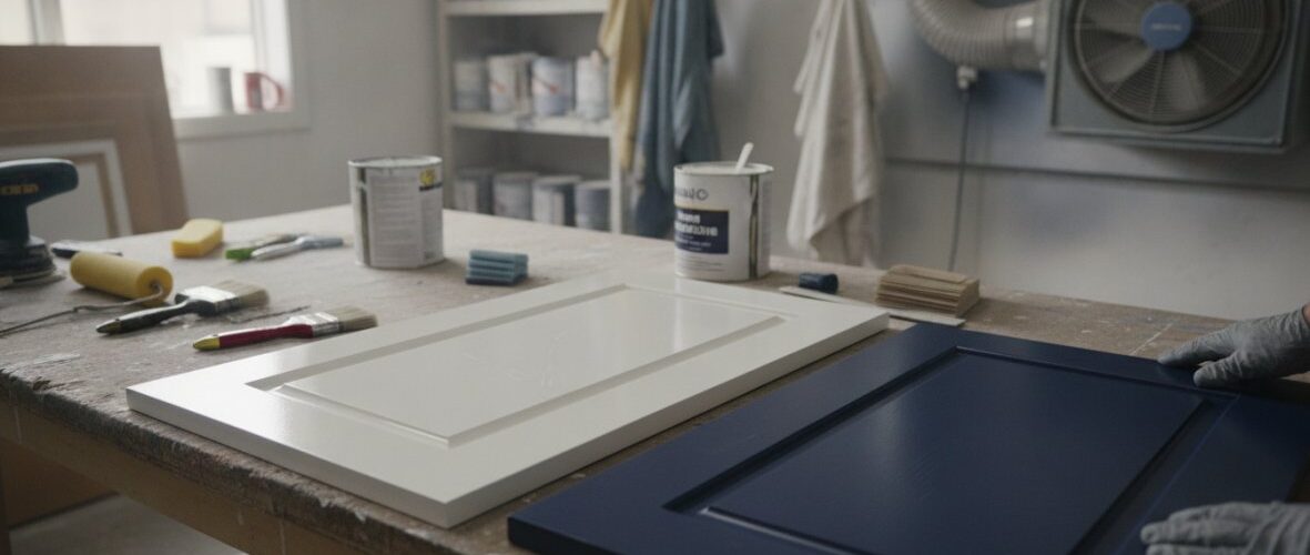 Workshop scene of a door being painted white and a dark blue door resting on a workbench with rollers, brushes, and cans of paint nearby.