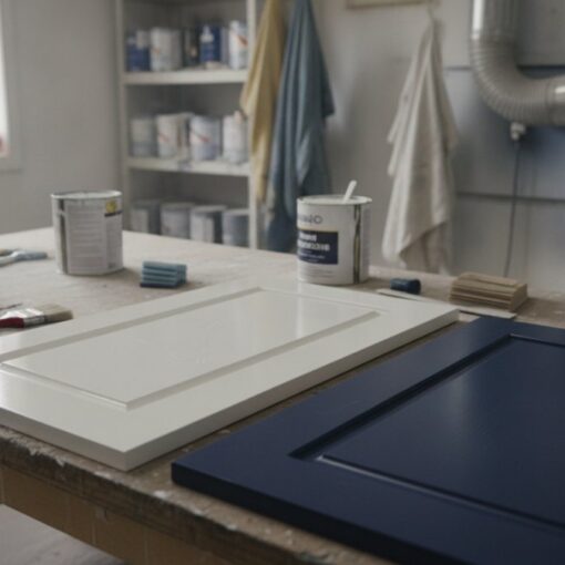 Workshop scene of a door being painted white and a dark blue door resting on a workbench with rollers, brushes, and cans of paint nearby.