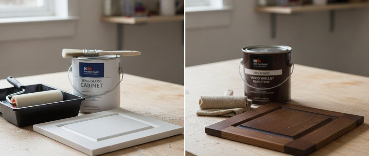 Split view of a workshop table: left side shows a white cabinet door being painted with a brush, paint can, and roller tray; right side shows a wood stain can, wood sample door, and cloths for finishing.