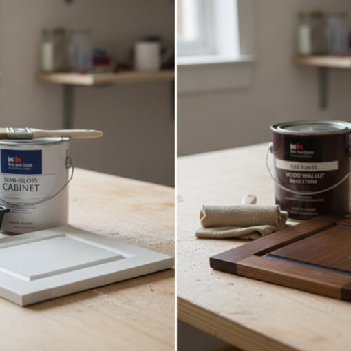 Split view of a workshop table: left side shows a white cabinet door being painted with a brush, paint can, and roller tray; right side shows a wood stain can, wood sample door, and cloths for finishing.
