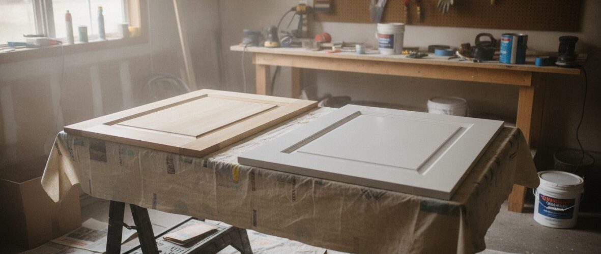 Two cabinet doors rest on a worktable in a bright woodworking shop, with tools on a pegboard and cans in the background.