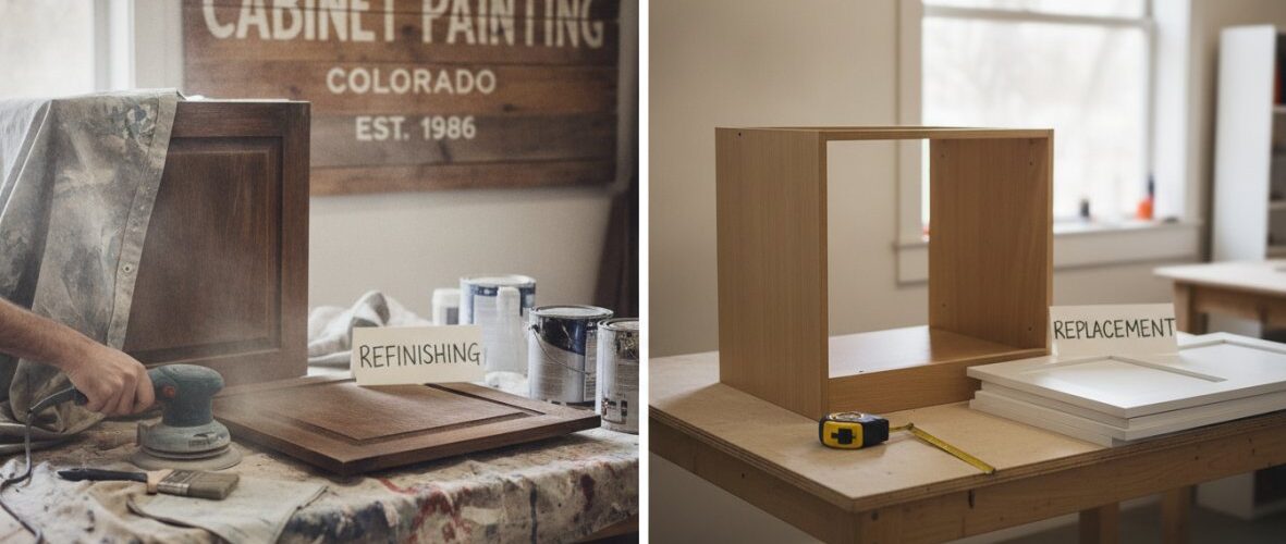 Workshop scene with two panels: left shows a wood refinishing station—a sander, paints, and cabinet pieces on a paint-splattered table with a 'Refinishing' label; right shows a wooden frame on a workbench with 'Replacement' label and a stack of white panels nearby with a tape measure nearby.