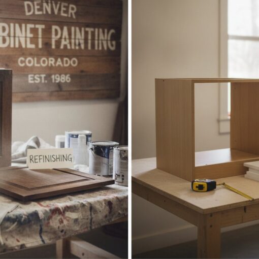 Workshop scene with two panels: left shows a wood refinishing station—a sander, paints, and cabinet pieces on a paint-splattered table with a 'Refinishing' label; right shows a wooden frame on a workbench with 'Replacement' label and a stack of white panels nearby with a tape measure nearby.