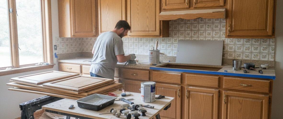 Man sanding wooden kitchen cabinets during a home renovation.