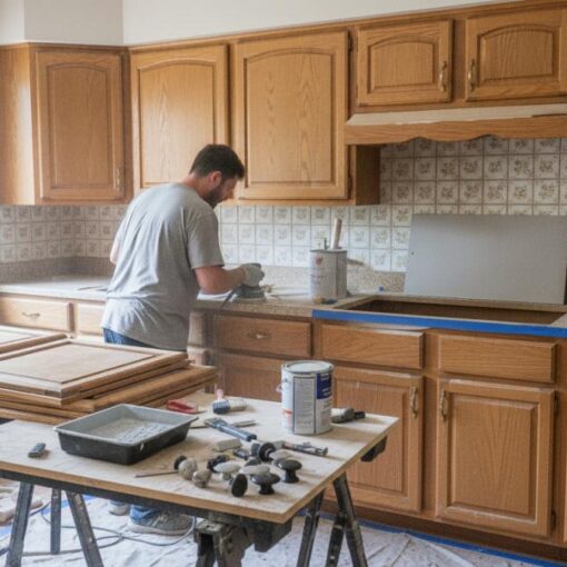 Man sanding wooden kitchen cabinets during a home renovation.