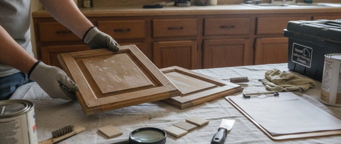 Person wearing gloves holds a wooden cabinet door mid-refinish at a kitchen workspace with tools on the table to the side.