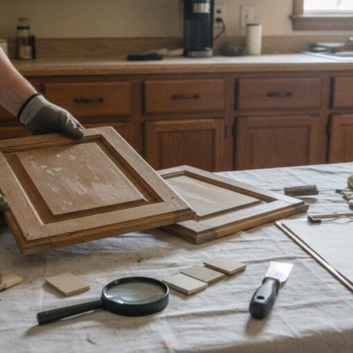 Person wearing gloves holds a wooden cabinet door mid-refinish at a kitchen workspace with tools on the table to the side.