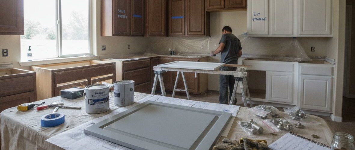 Mid-renovation kitchen with a worker at the counter, plastic protecting countertops, and a table cluttered with paint cans, gloves, and tools in the foreground.