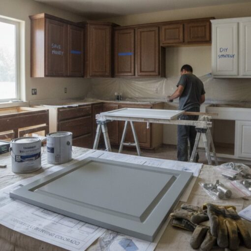 Mid-renovation kitchen with a worker at the counter, plastic protecting countertops, and a table cluttered with paint cans, gloves, and tools in the foreground.