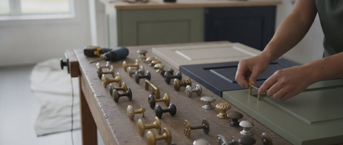 Hands arrange brass and metal cabinet knobs on a wooden workbench during a woodworking project, with a drill and hardware visible in the background.