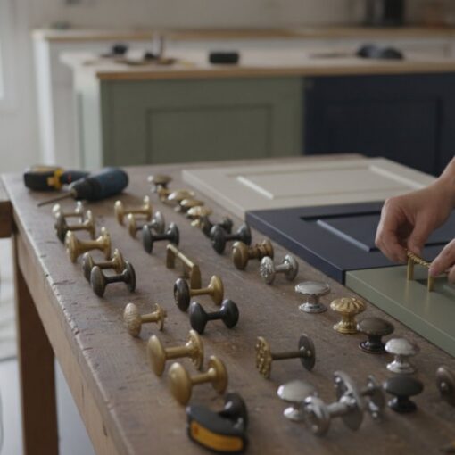Hands arrange brass and metal cabinet knobs on a wooden workbench during a woodworking project, with a drill and hardware visible in the background.