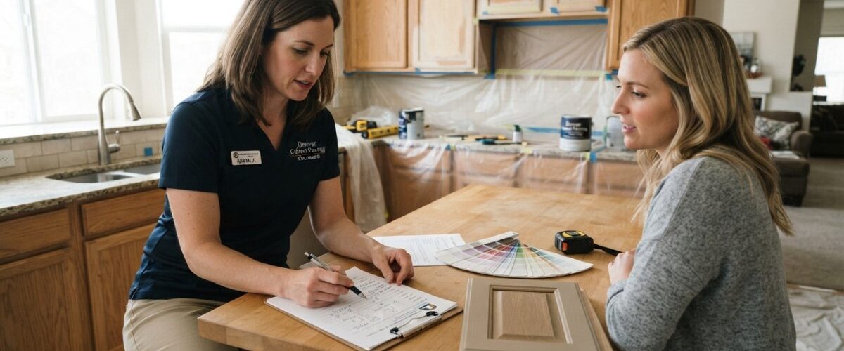 Interior designer helping a client choose cabinet color samples at a kitchen island during a renovation.