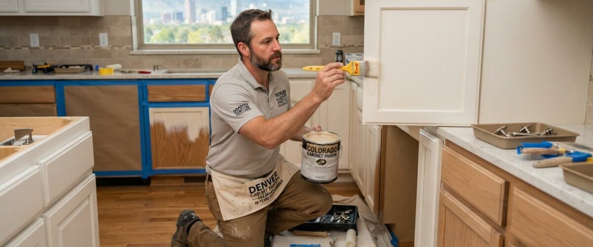 Man kneeling on the floor, painting white kitchen cabinets with a brush and a can of paint nearby.