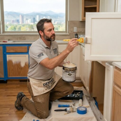 Man kneeling on the floor, painting white kitchen cabinets with a brush and a can of paint nearby.